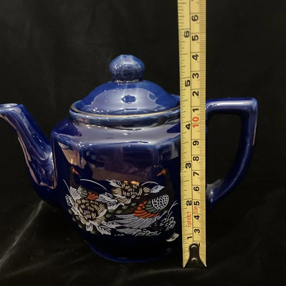 Cobalt Blue Porcelain Tea Pot Gold Trim Peacock Coffee Teapot Taiwan 4.5” W/ Lid